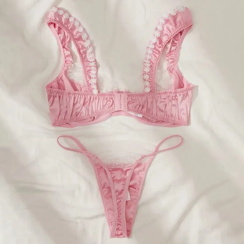 Sweet Pink Satin Lingerie Set Lace Floral Bra Luxury Underwear Bridal Intimate Lingerie Polka Dot Mesh Splicing Sexy Lingerie — image 3
