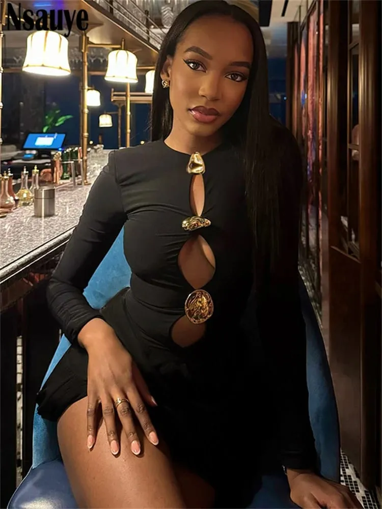 Nsauye Autumn Winter Women 2025 Sexy Night Club Mini Wrap Hollow Out Party Dress Fashion Elegant Evening Short Dress Long Sleeve — image 5