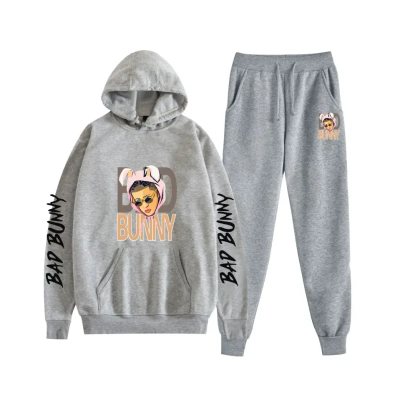 Harajuku Bekväm bad bunny Tryck Sweatshirt Träningsbyxor Kostym Dam Luvtröjor+ Byxor Kostym Pojkar/Flickor 2-delat set Kläder — image 28