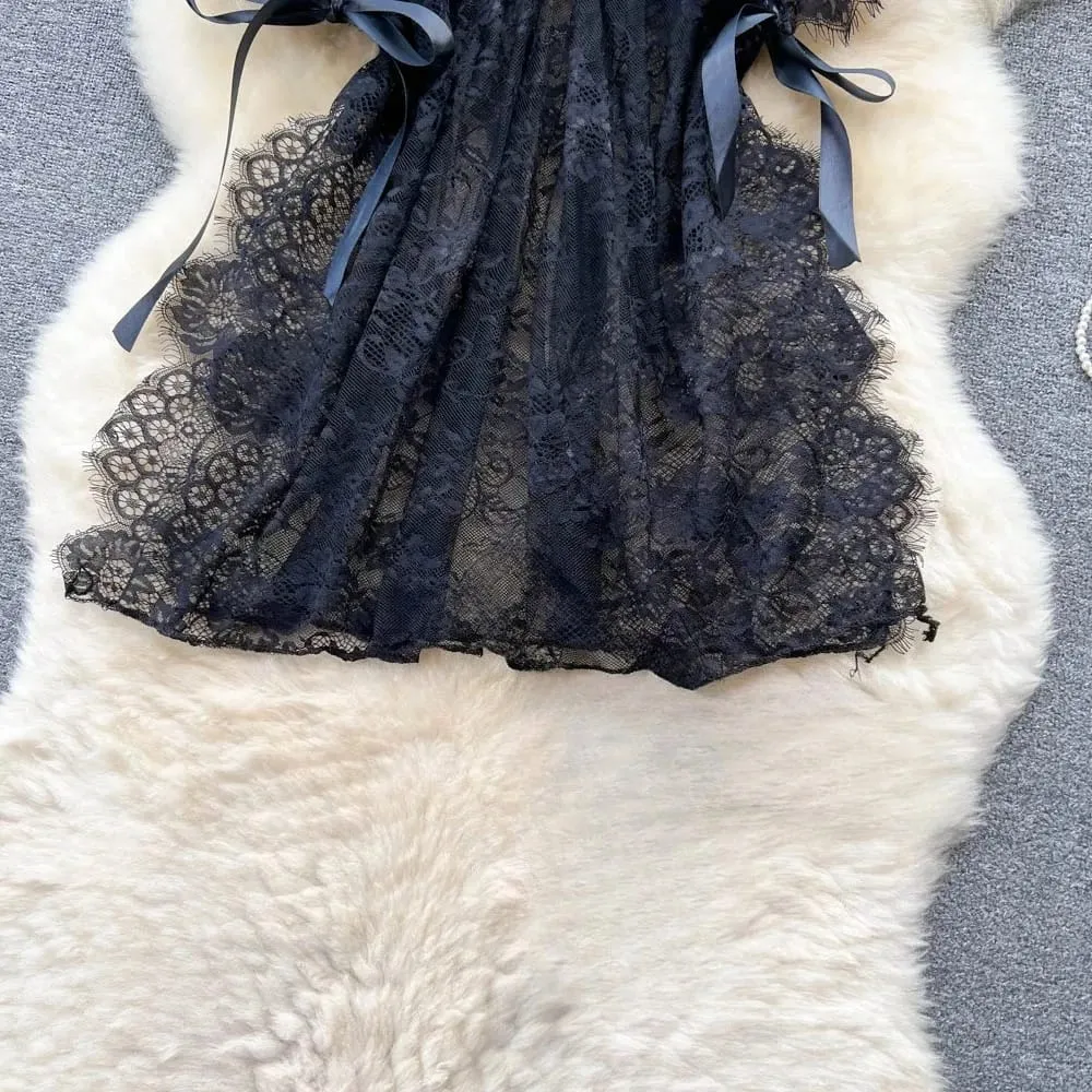 Fashion Lace Mesh Sensual Comfortable Mini Dress Women V Neck Lace-up Black Dress Sexy Party Hotsweet New — image 5