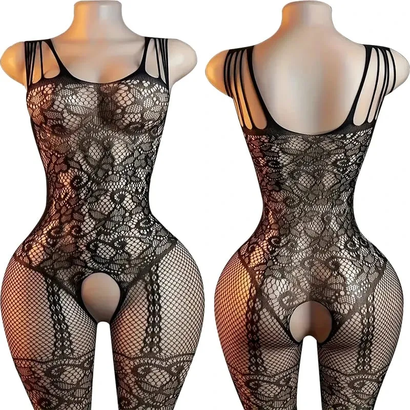 Black Fishnet Off-Shoulder Open-Crotch Bodystocking Lingerie Set Sexy Crotchless Teddy Bra Women's Erotic Underwear — image 12