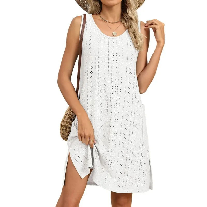 Summer Women's Dress Knit Midi Dresses Sleeveless Round Neck Casual Dress Eyelet Lace A Line Dress Pastel Blue For Woman — image 7