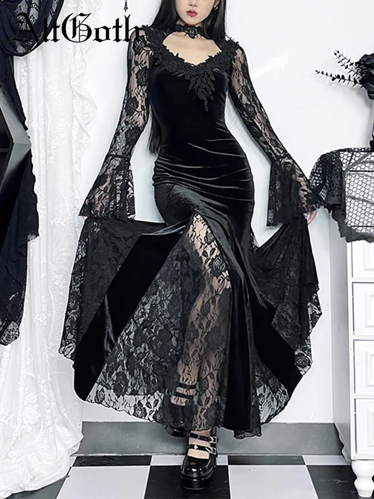 Altgoth estético gótico midi vestido feminino vintage elagnt rendas retalhos ver através da manga alargamento cintura alta clubwear vestido femme — image 2
