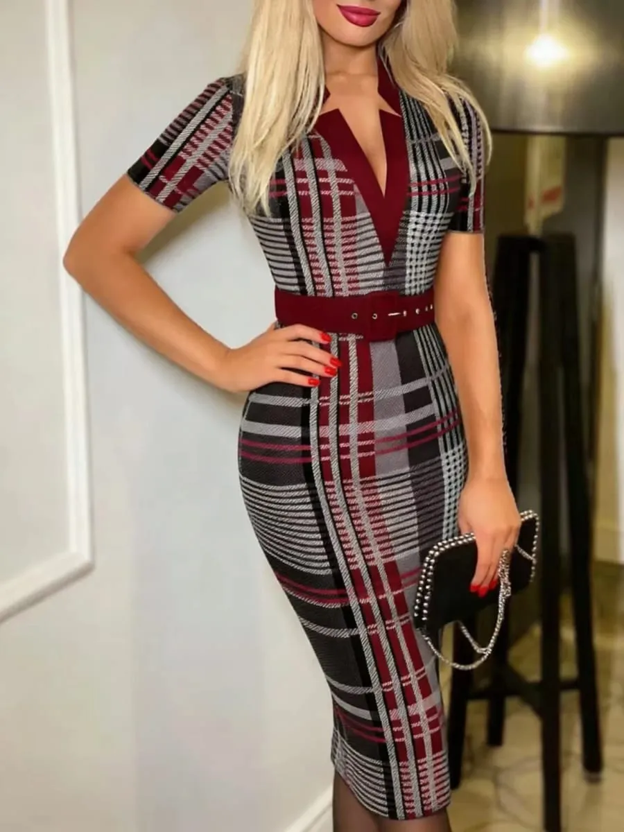Sexig geometriskt mönster för kvinnor med v-ringad midi pennklänning med bälte Långärmad stickad Bodycon-klänning Lämplig för alla årstider — image 5