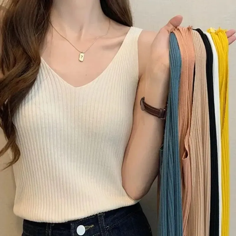 New Summer Sexy V-Neck Sleeveless Knit Women Camis Slim Pure Desire Style Basic Crop Top Korean Style Solid Versatile Tank Top — image 1