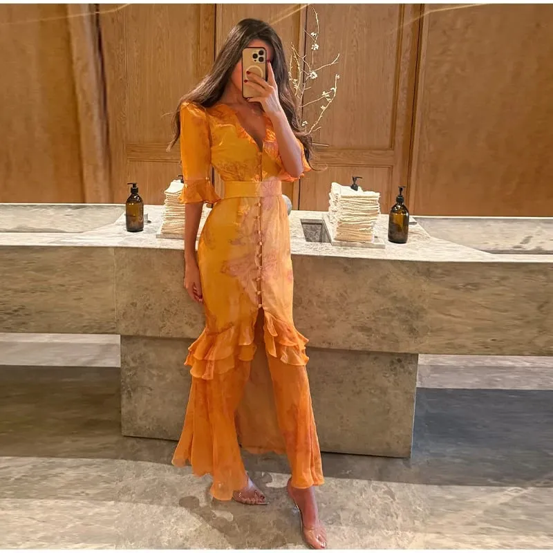 Elegant Ruffle Women's Long Dresses V Neck Half Sleeve Button Waist Cinching Pleated Dress 2026 Spring Lady Fashion Party Robes