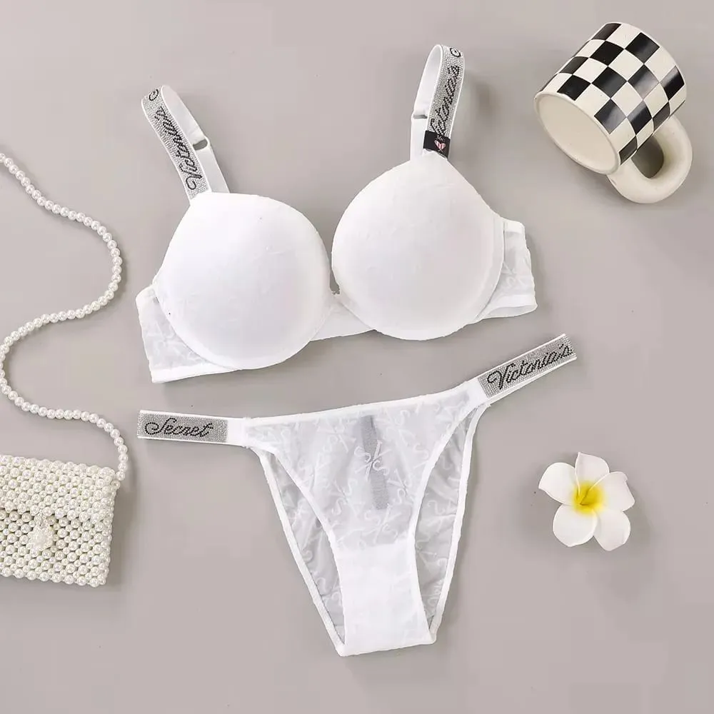 Victoria Secret Sexy Lingerie Set Very Sexy Logo Shine Strap Embossed VS Lace Push Up Bra Shine Script Thong Panty