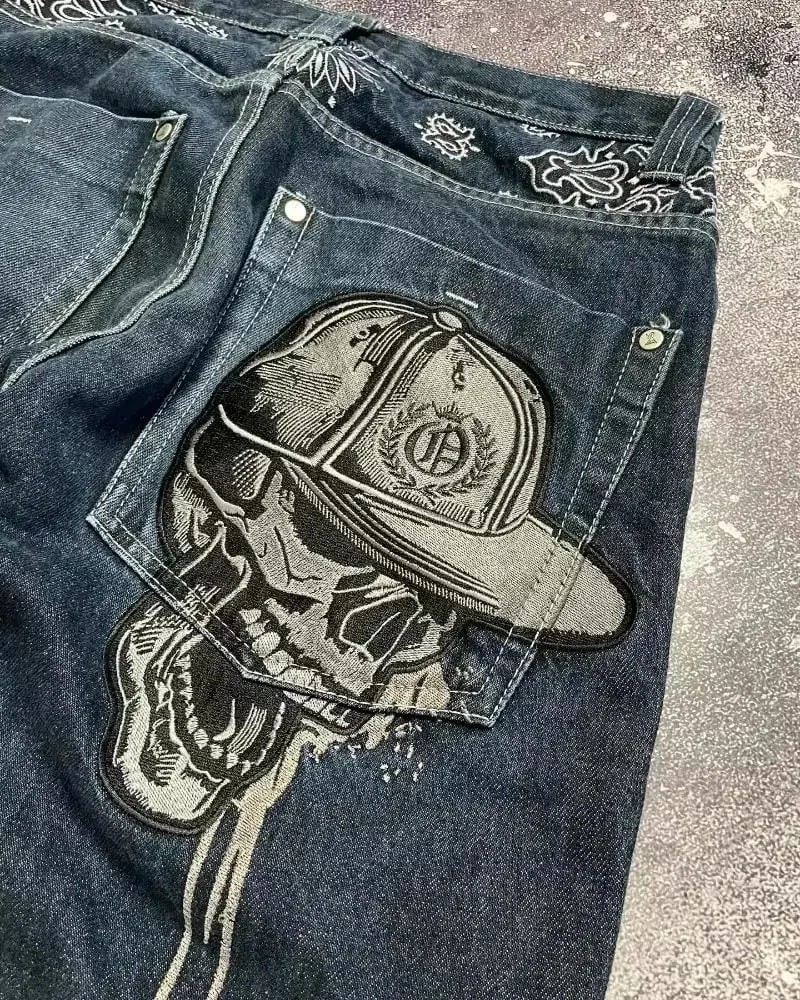American Y2K Hip Hop Fashion Trend Skull Embroidery Spot Jeans Men Street Loose Straight Wide-leg Pants Couple Oversized Jeans — image 4