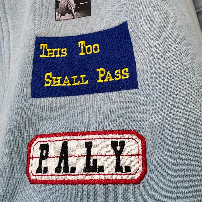Light Blue PALY Letter Crystal Hoodie Ripped Washed Fashion Patch High Street Casual Men Women 1:1 Zipper Sweatshirts — image 4