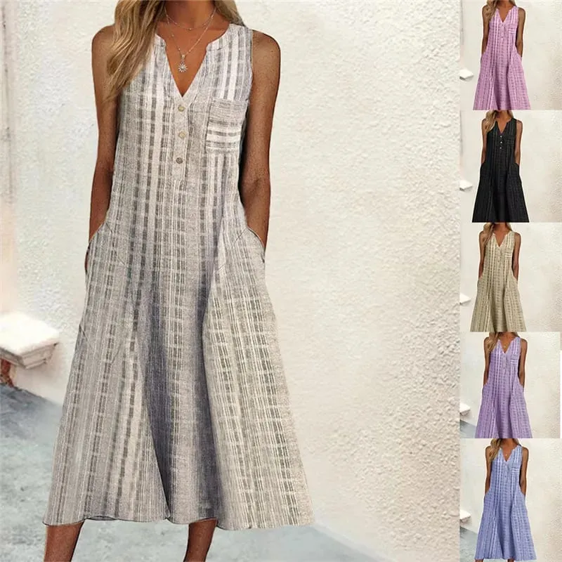 Summer New Women's Dresses V-Neck Sleeveless Button Loose Striped Print With Pocket Casual Beach Dresses — image 1