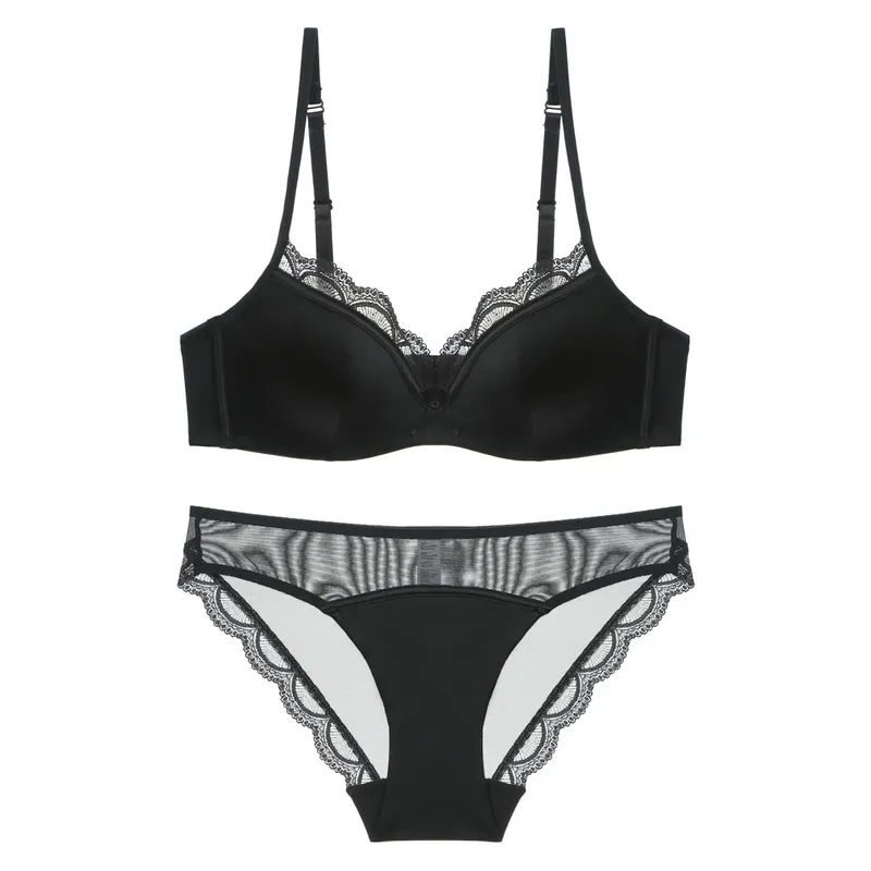 Women's Thin Smooth Satin Bra & Briefs Set Summer Solid Lace Decor Anti Sagging Lingerie Bra Sweet Underwear Suit Нижнее Белье — image 9