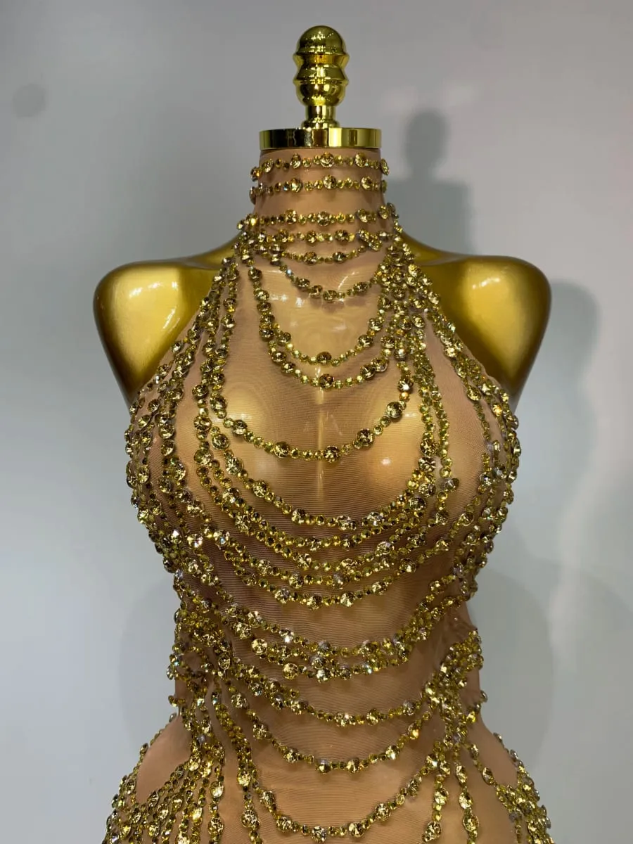 Sparkly strass sexy transparente malha vestido longo 2025 feminino luxo aniversário clube festa vestido de palco cantor desempenho traje — image 5
