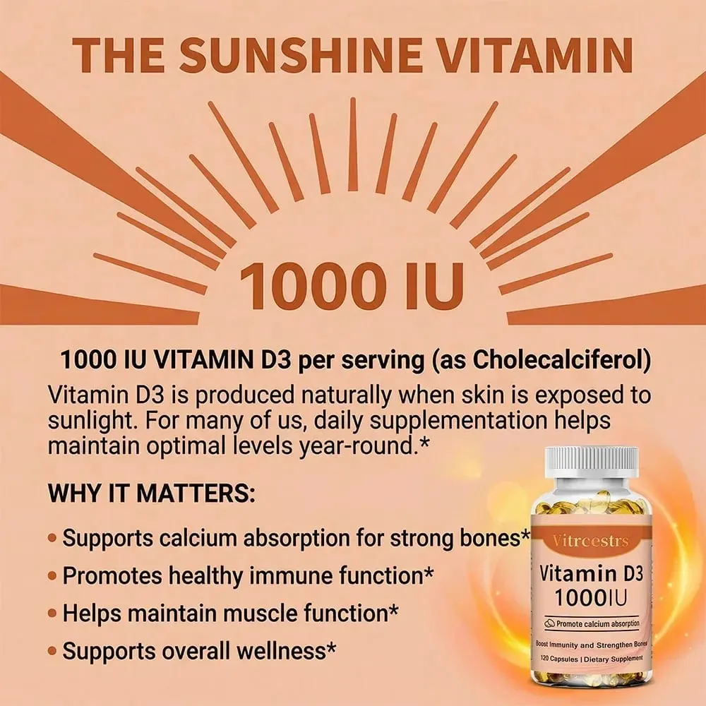Vitamin D3 1000iu til immunstøtte Sund muskelfunktion og knoglesundhed - Ikke-GMO glutenfri 120 grøntsagskapsler — image 4