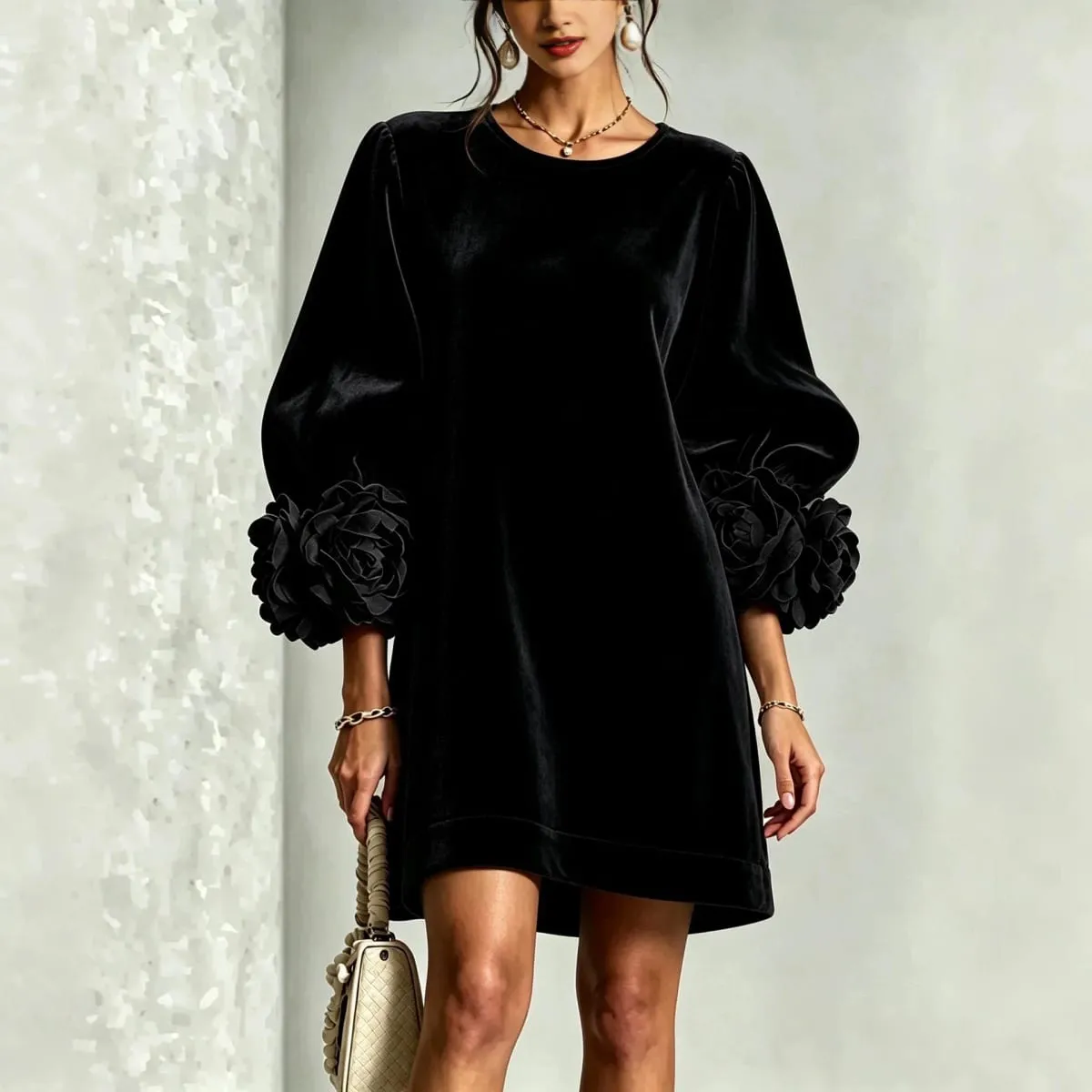 Autumn Winter Women Velvet Mini Dress O Neck Puff Long Sleeve 3D Flower Cuff Decor Loose Casual Hot Hit Fashion Short Dresses — image 5