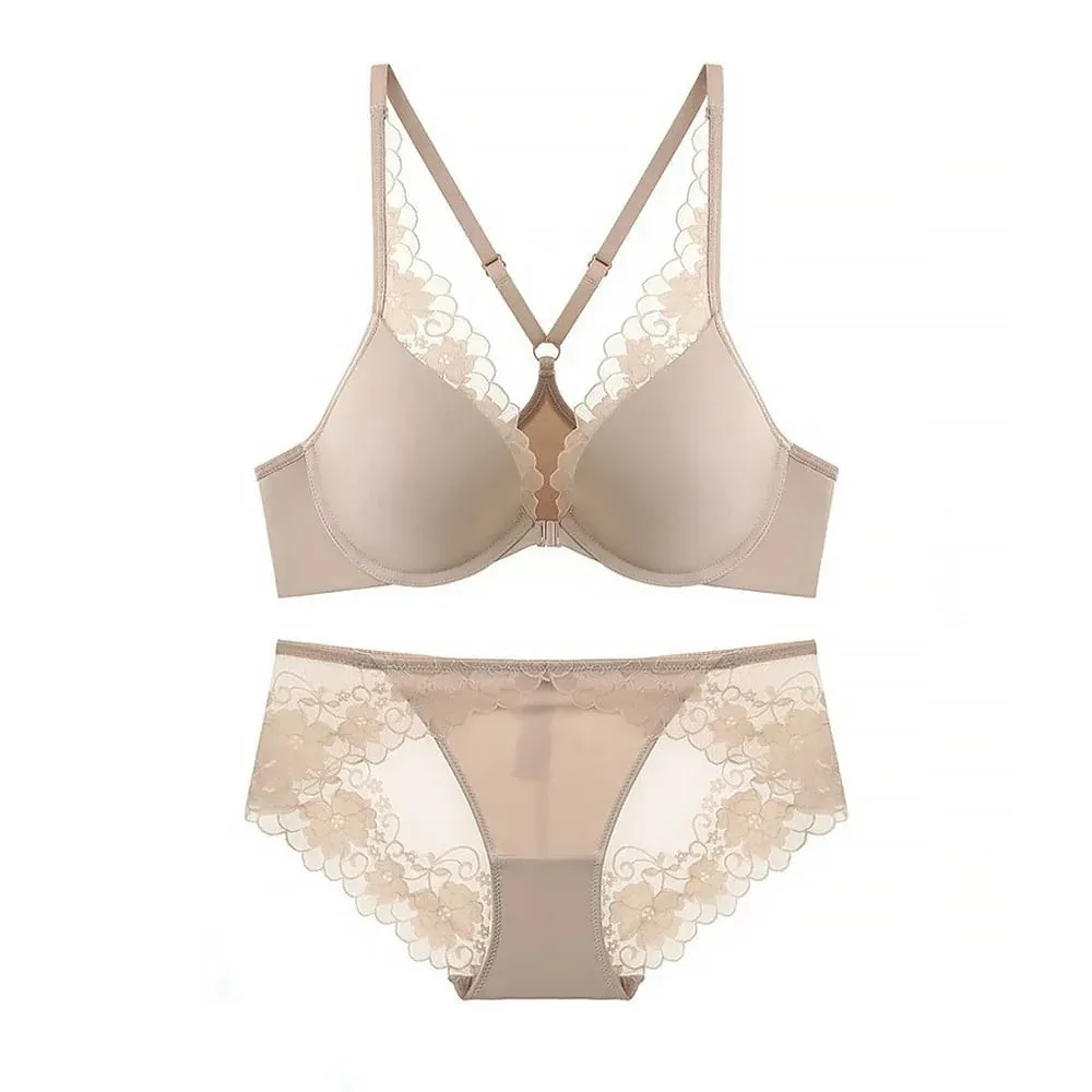 Women Lace Bra Front Open See Through Brief Set Elegant Thin Lingerie Set Ladies Bra Set Underwear — image 2