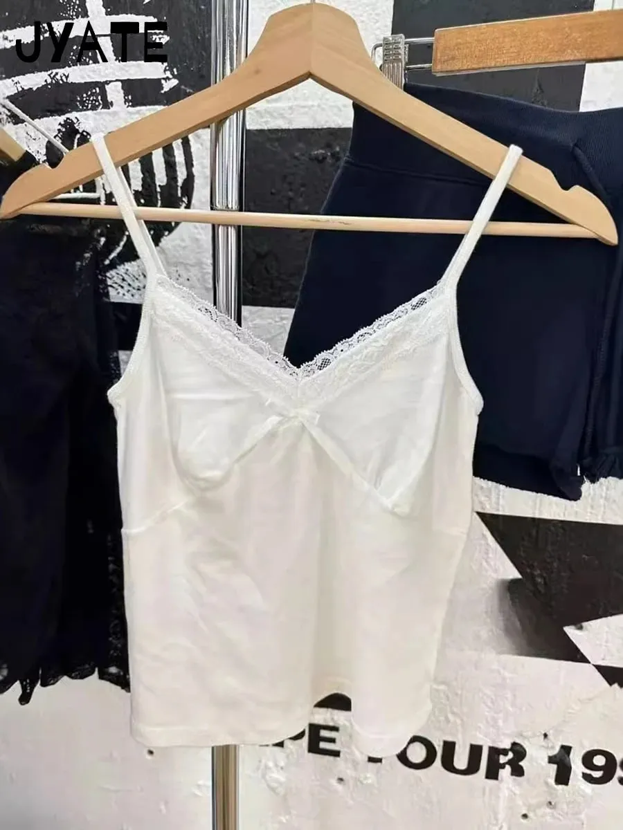 Sweet Lace Patchwork Slim Tank Tops Dam Sommar Vit Sexig Enkel Bomull Mjuka ärmlösa västar Kvinna Vintage Chic Y2K Camisole — image 14