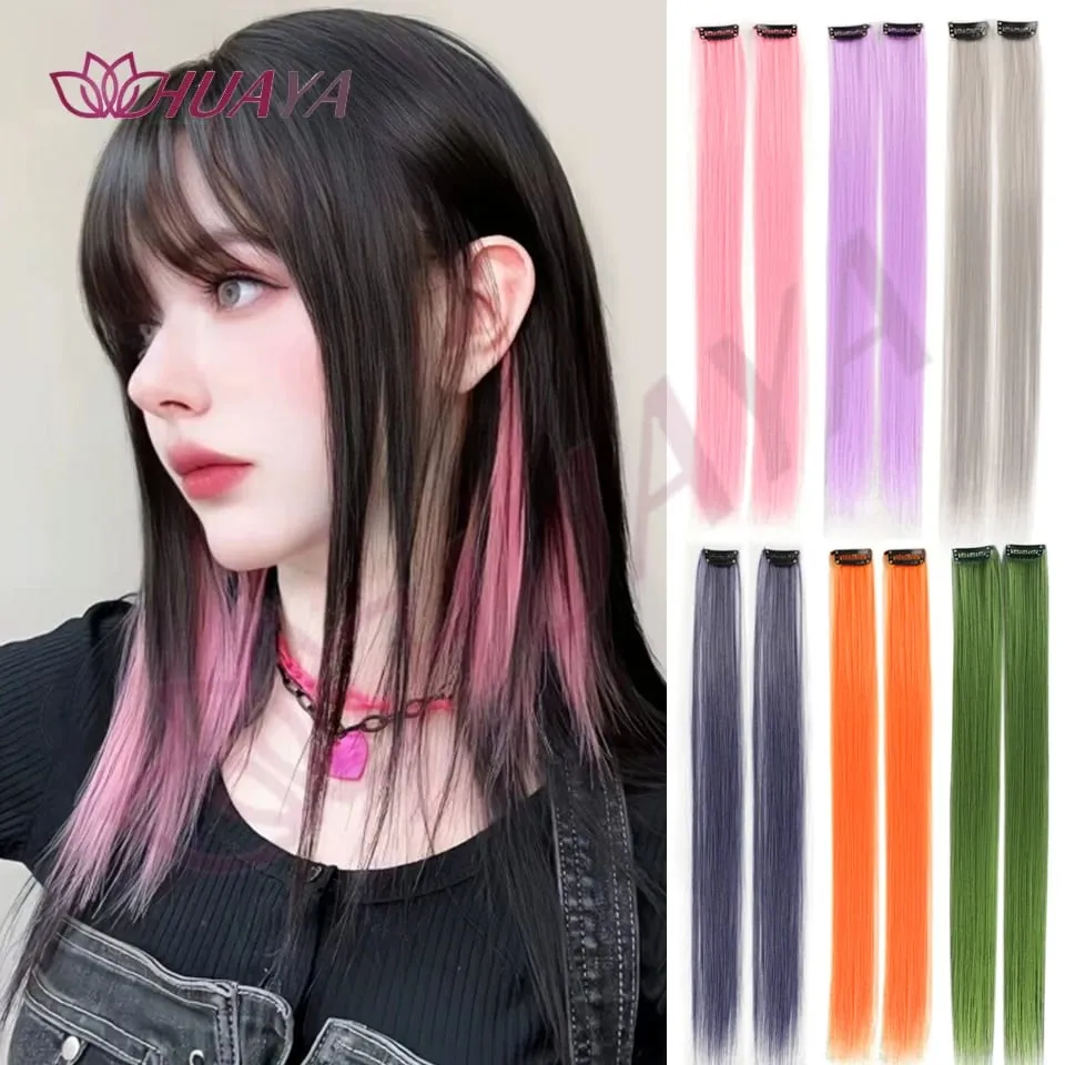 Synthetic 2 Pieces 20inch Colored Clip in Hair Extensions Long Straight Pink/Blue/Purple Halloween/Christmas Wig