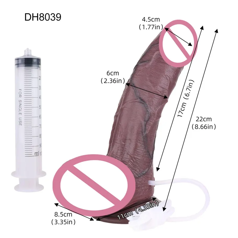 Silicone Lifelike Double Layers Ejaculating Penis Squirting Long Dildo With Sucker Anal Sex Toys Para sa Lalaki Babae Masturbator
