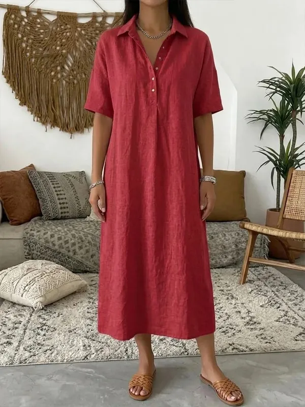 2026 Women's Spring and Summer New Casual Straight-Cut Comfortable Polo-Neck Linen Short-Sleeve Dress — image 3