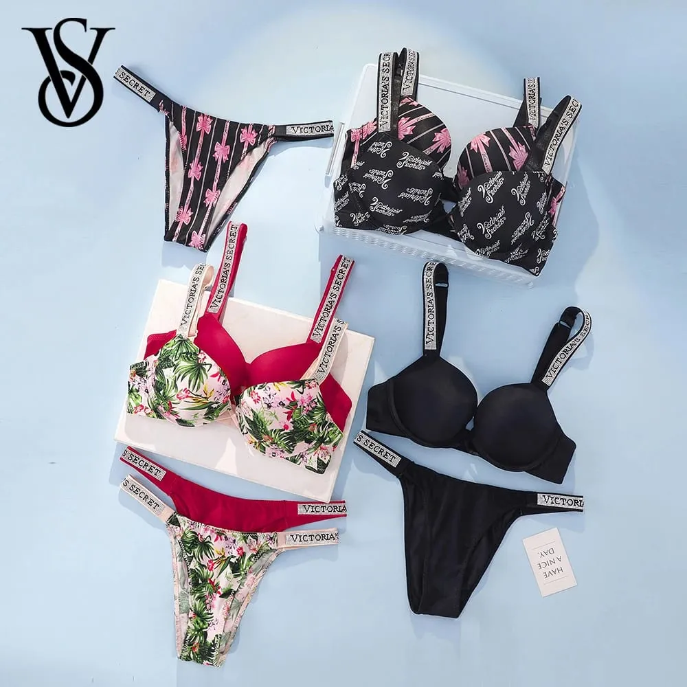 Victoria's Secret Rhinestone Logo Shoulder Straps Lace Underwear Sexy Lingerie Set Push Up Bra at Panties Set Para sa Babae — image 1