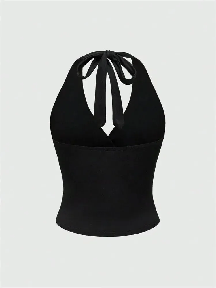 Top corto liso con cuello en V y espalda descubierta para mujer, Top corto con cuello Halter, Sexy Y2K, sin mangas, parte de arriba ropa informal fruncida — image 3