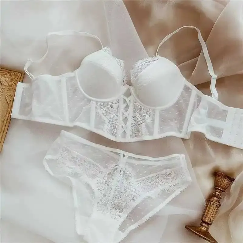 French Lace Push Up Lingerie Set Damen Thin Underwire Bra Sheer Mesh Ruched Chemise Soft Petite Small Bust Ladies S-XL — image 1