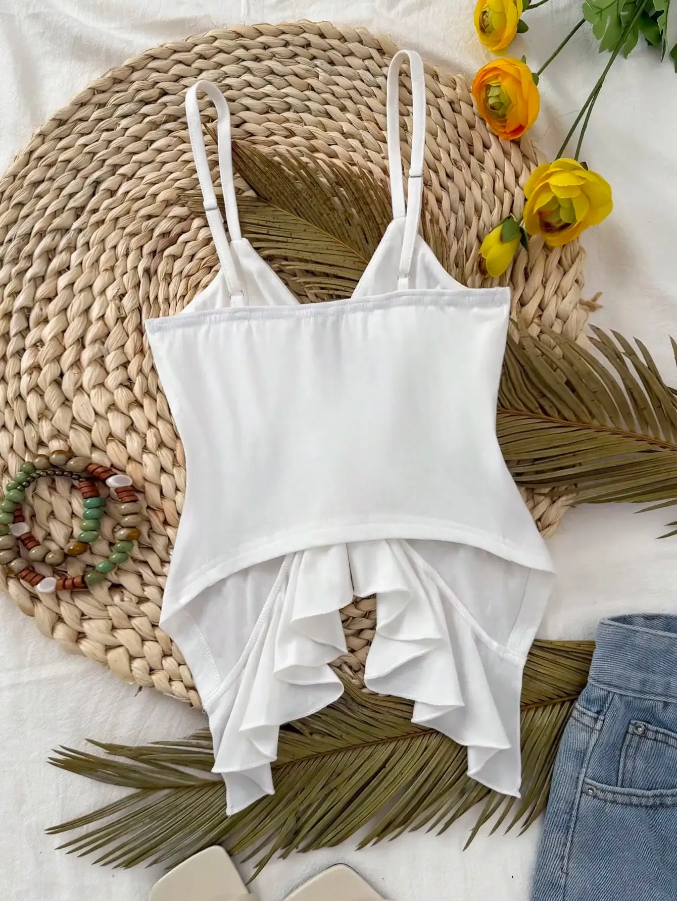 Women Deep V Spaghetti Strap Cami Top Front Self Tie Bow Ruffle Cutout Waist Slim Fit Solid White Summer Y2K Sleeveless Tank Ves — image 4