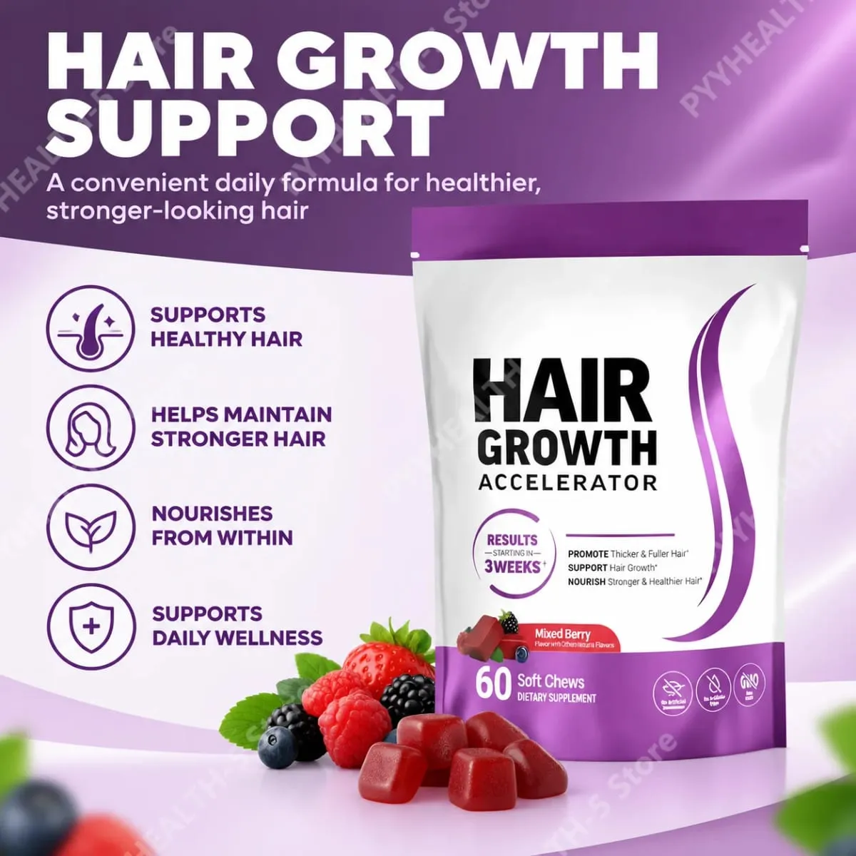 Biotin Hair Growth Soft Chews Supplement Support Fuller Thicker Hair Vitamin C & E for Healthy Hair Nourishment 60 Gummy — image 5