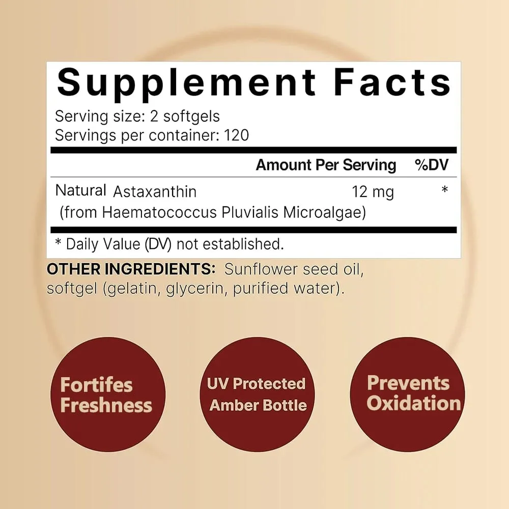 Triple Strength Astaxanthin 12mg - Natural Astaxanthin Antioxidant Supplement Non-GMO Verified & Gluten Free - 120 Softgels — image 3