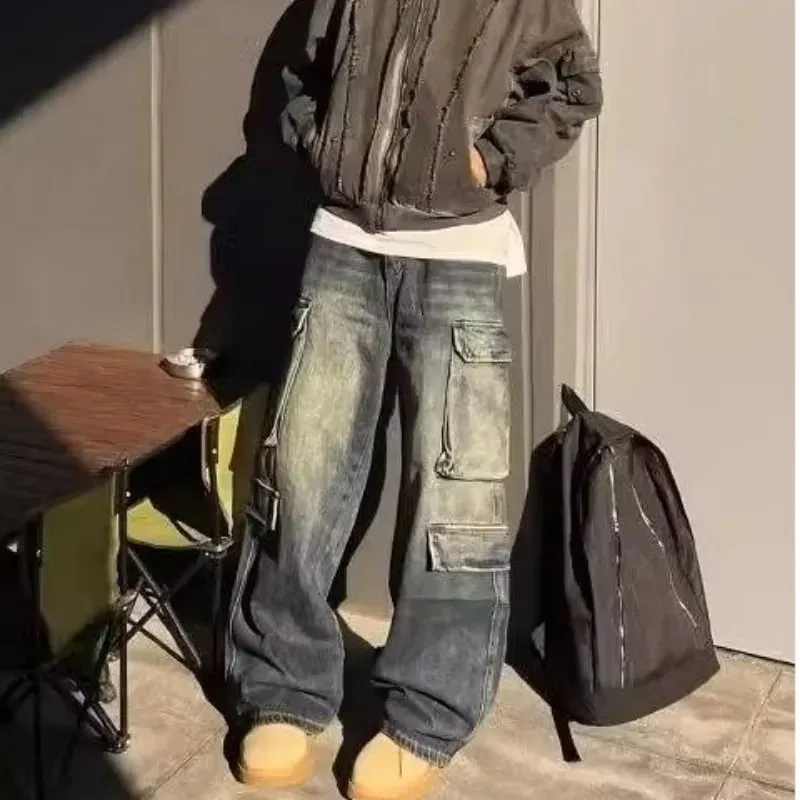 Men's Jeans Loose Fit Cargo Straight Leg Pants Vintage Wash Work Pocket Denim Trouser Man Pants Autumn Retro Streetwear — image 1
