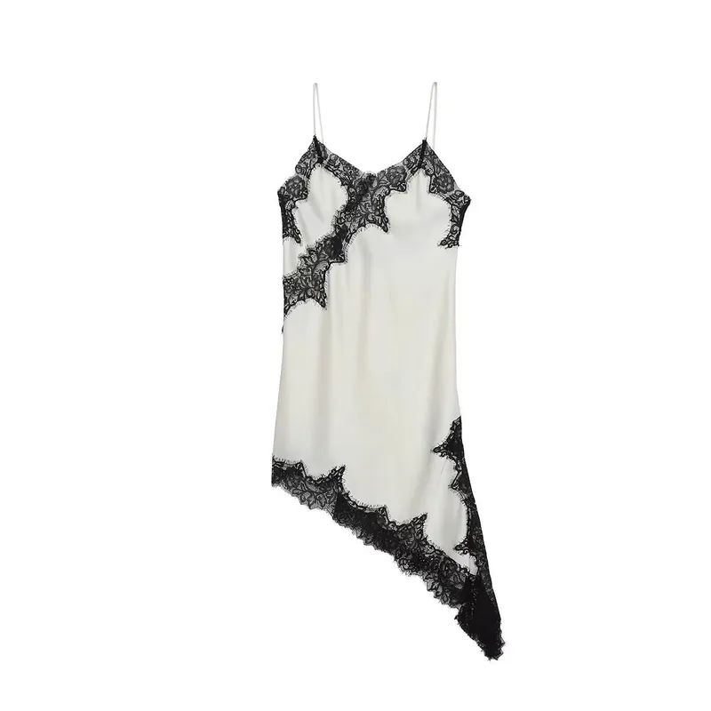 Vestido de cetim marrom com emenda de renda, elegante, bainha irregular, decote em v, costas nuas, sem mangas, vestido chique para mulheres, festa em clube — image 13
