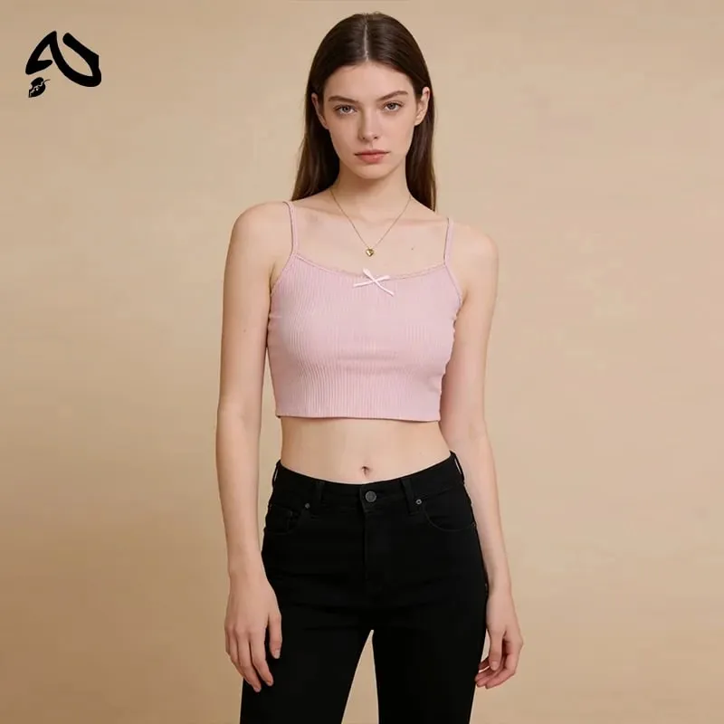 Original 100% Cotton Women's Short Knit Vest Printed Slim Fit Sexy Exposed Navel Lace Border Bow Sleeveless Lady Elastic Vests — image 7