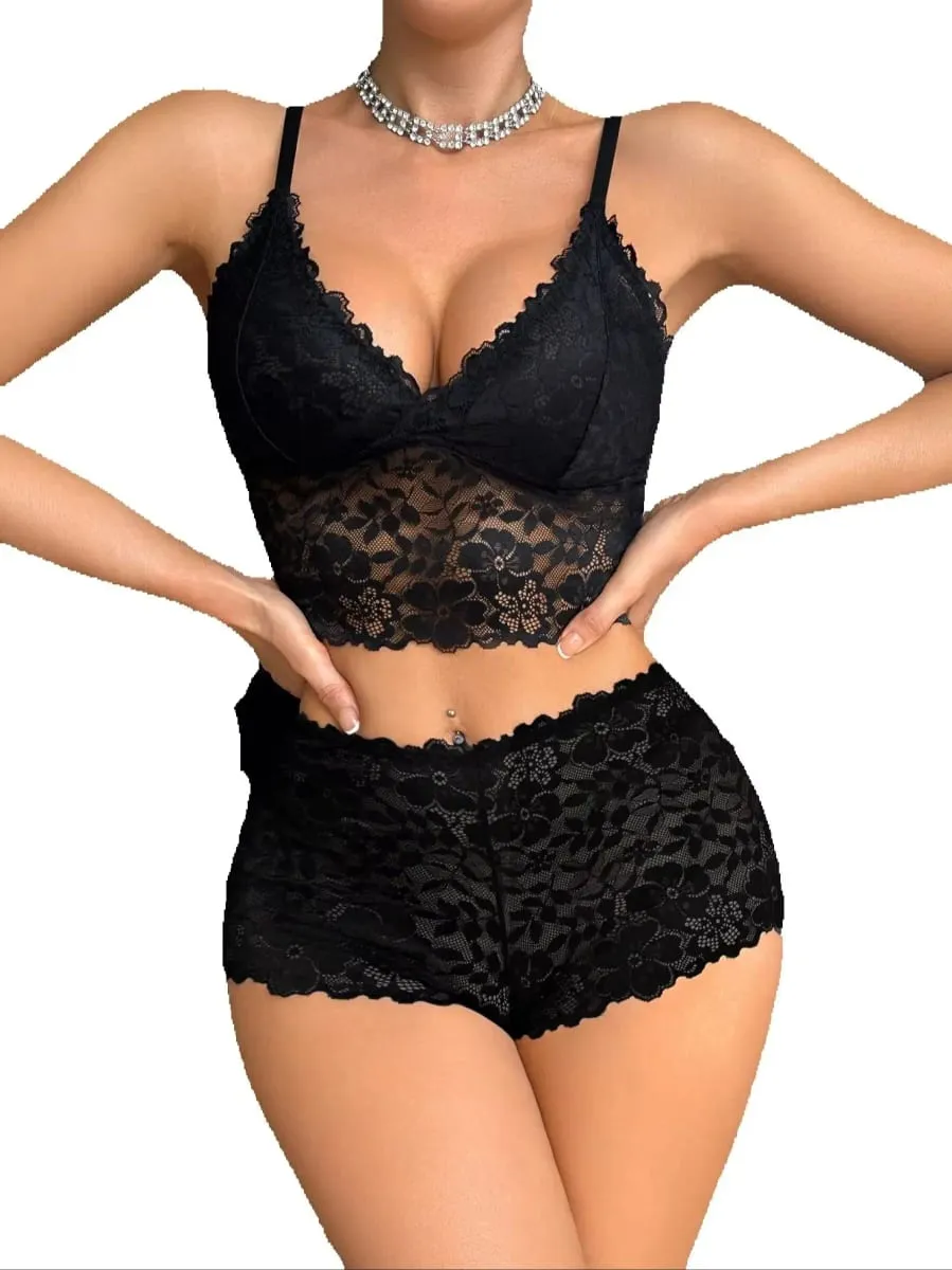 Sexy Lace Women's Underwear Set Wireless Unlined Bra Breathable Sheer Panties Solid Lingerie Set — image 2