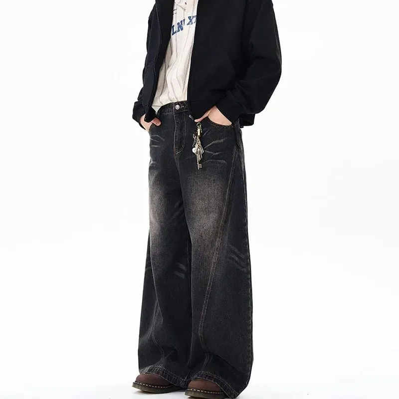 Spring New Men'S Jeans Wide Leg Pants Loose Machete Jeans Vintage Lightning Cracked Denim Trousers — image 5