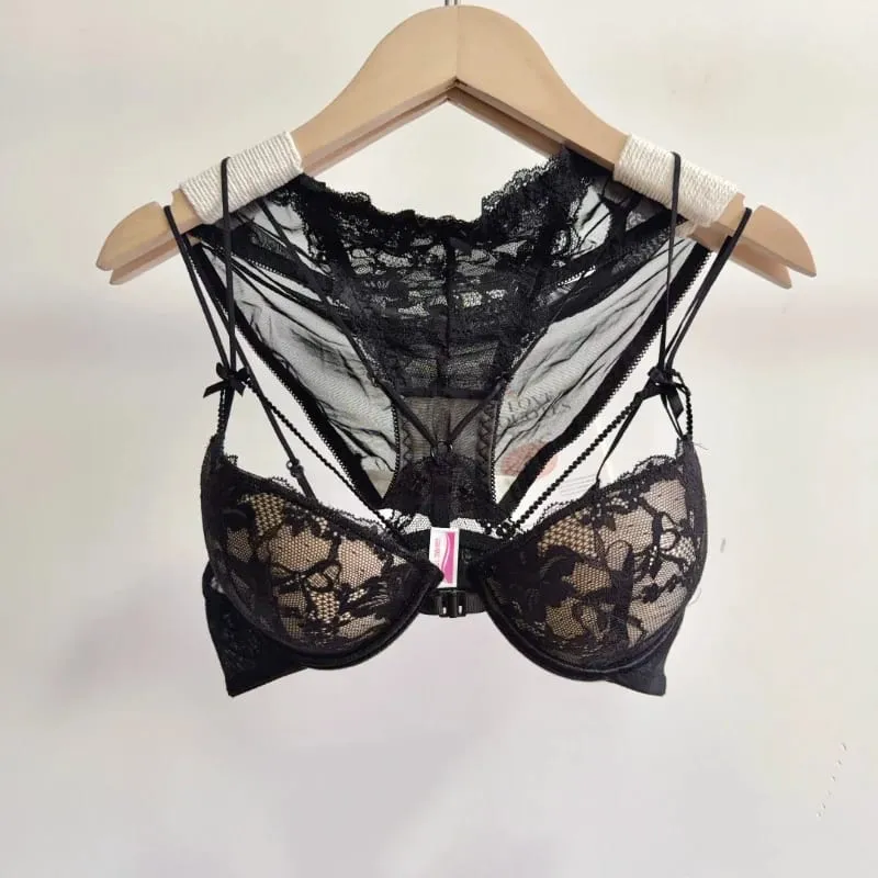 Fashion Elegant Floral Lace Front Snap Matching Lingerie Set Wireless Slim Shoulder Straps Cutout Beauty Back Small Bust MOYISU