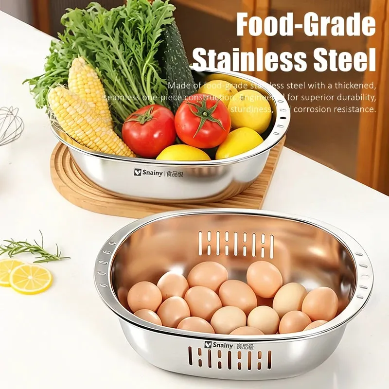 Food-grade Stainless Steel Basin and Colander Set Washing and Draining 2 in 1 Kitchen Accessories Ultrasonic Polishing Gadgets — image 2