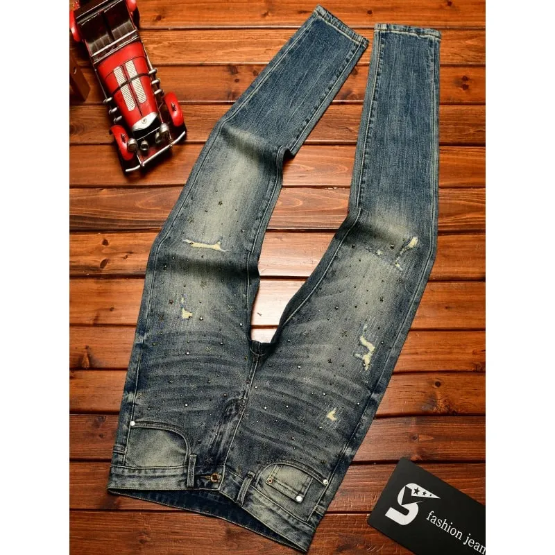 Fashionable light luxury jeans with men's patch design trendy retro elastic ripped pants — image 4