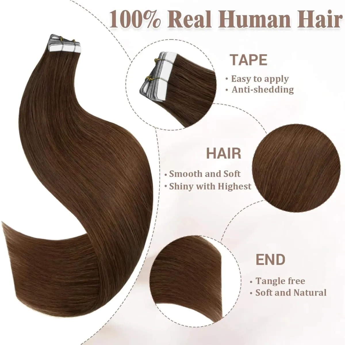 #4 Bone Straight Tape In Hair Extensions Indian Hair Medium Brown Tape In Human Hair Extensions 16-26 Inches 50g/20pcs For Women