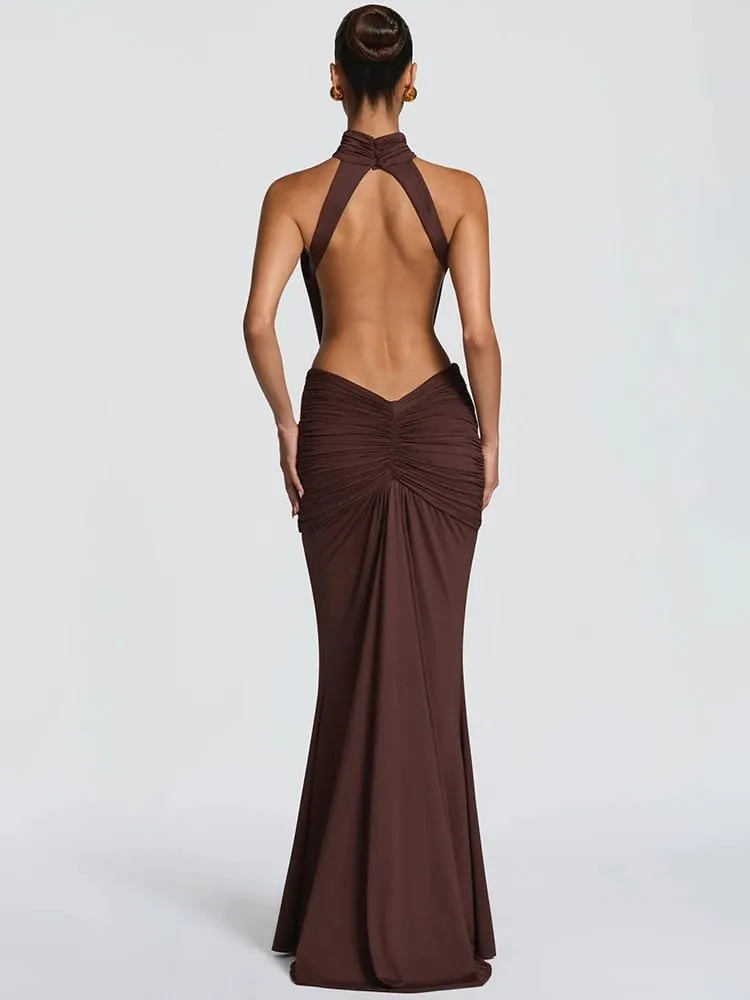 Mozision Turtleneck Backless Sexy Maxi Dress Women Gown Elegant Off-shoulder Sleeveless Ruched Bodycon Club Party Long Dress — image 4