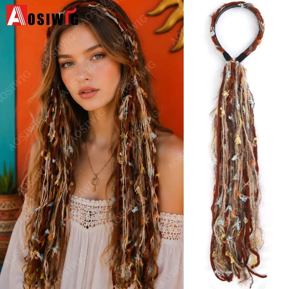Synthetic Boho Braided Hair Extensions for Women Clip In Festival Hairpiece with Beads Feathers Hippie Hair Accessories