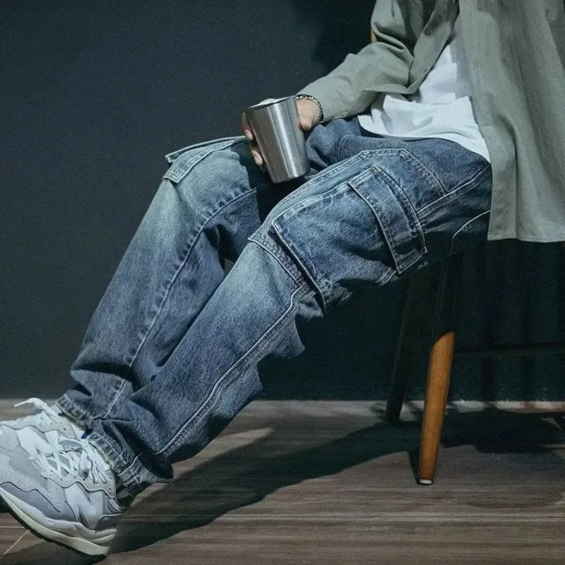 Denim Pant Men Jeans Vintage Wash Cargo Long Pants Loose High Waist Straight Trousers Pocket Y2k Streetwear Elegant Casual 2026