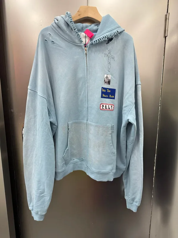 Light Blue PALY Letter Crystal Hoodie Ripped Washed Fashion Patch High Street Casual Men Women 1:1 Zipper Sweatshirts