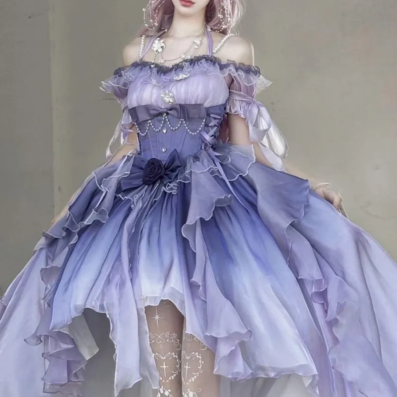 Dophee Original Lolita Trailing Puffy Dress Kvinnor Kort Fram Lång Baksida Prinsessan Blå Blomma Bröllopsklänning Elegant Off Shoulder — image 10