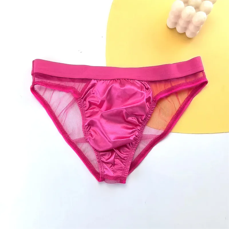 Cuecas masculinas de seda de cetim brilhante sexy cuecas de malha transparente calcinha masculina respirável de secagem rápida