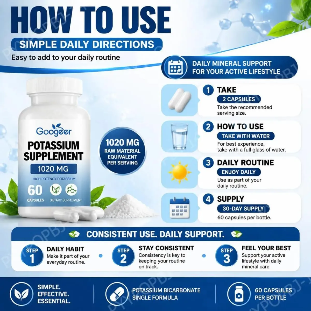 Cápsulas de suplemento de potássio Googeer para suporte diário de lacuna mineral 1020 mg equivalente a nível de potássio estável 60 cápsulas — image 7