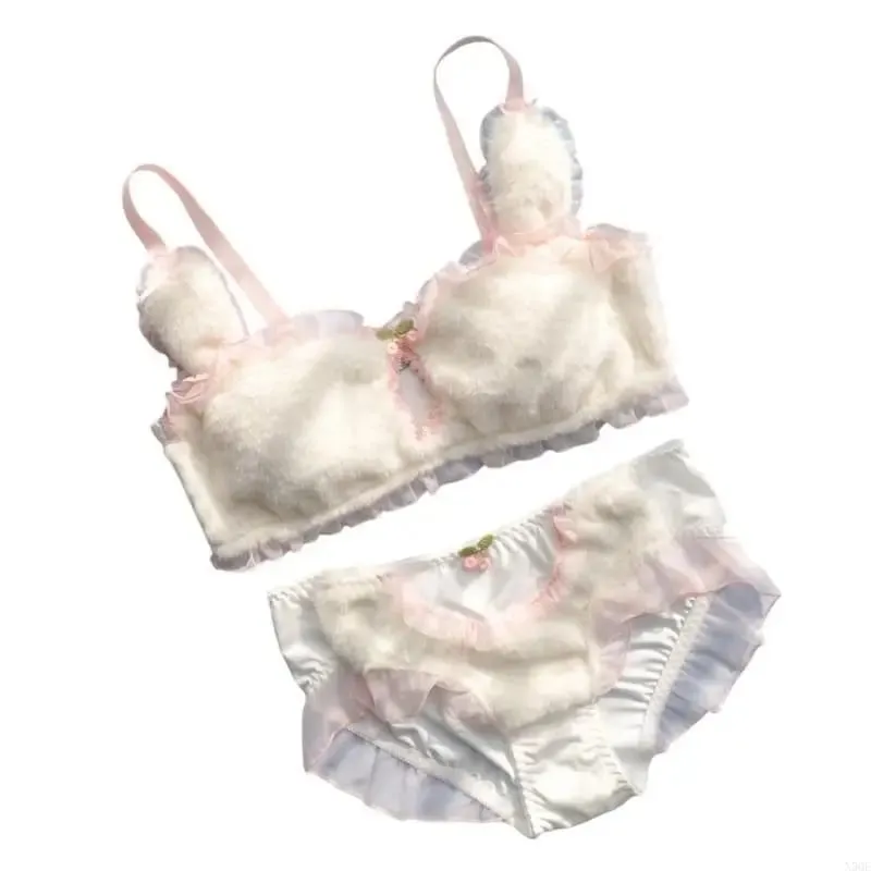 Women Cartoon Rabbit Ears Lingerie Furry Plush Cutout Bra and Panty Underwear Set