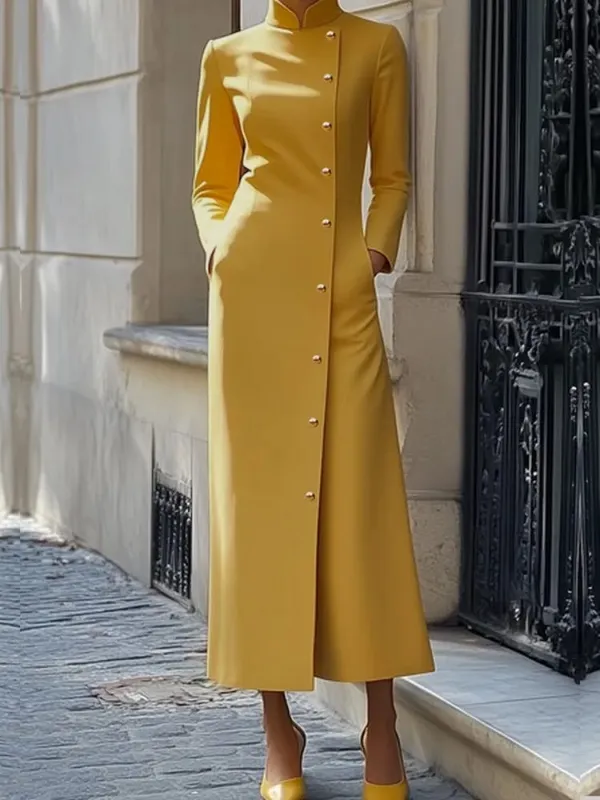 Freeacy feminino amarelo gola mandarim diagonal manga longa abotoado maxi vestido para convidados do casamento 2026 vestido de escritório de luxo