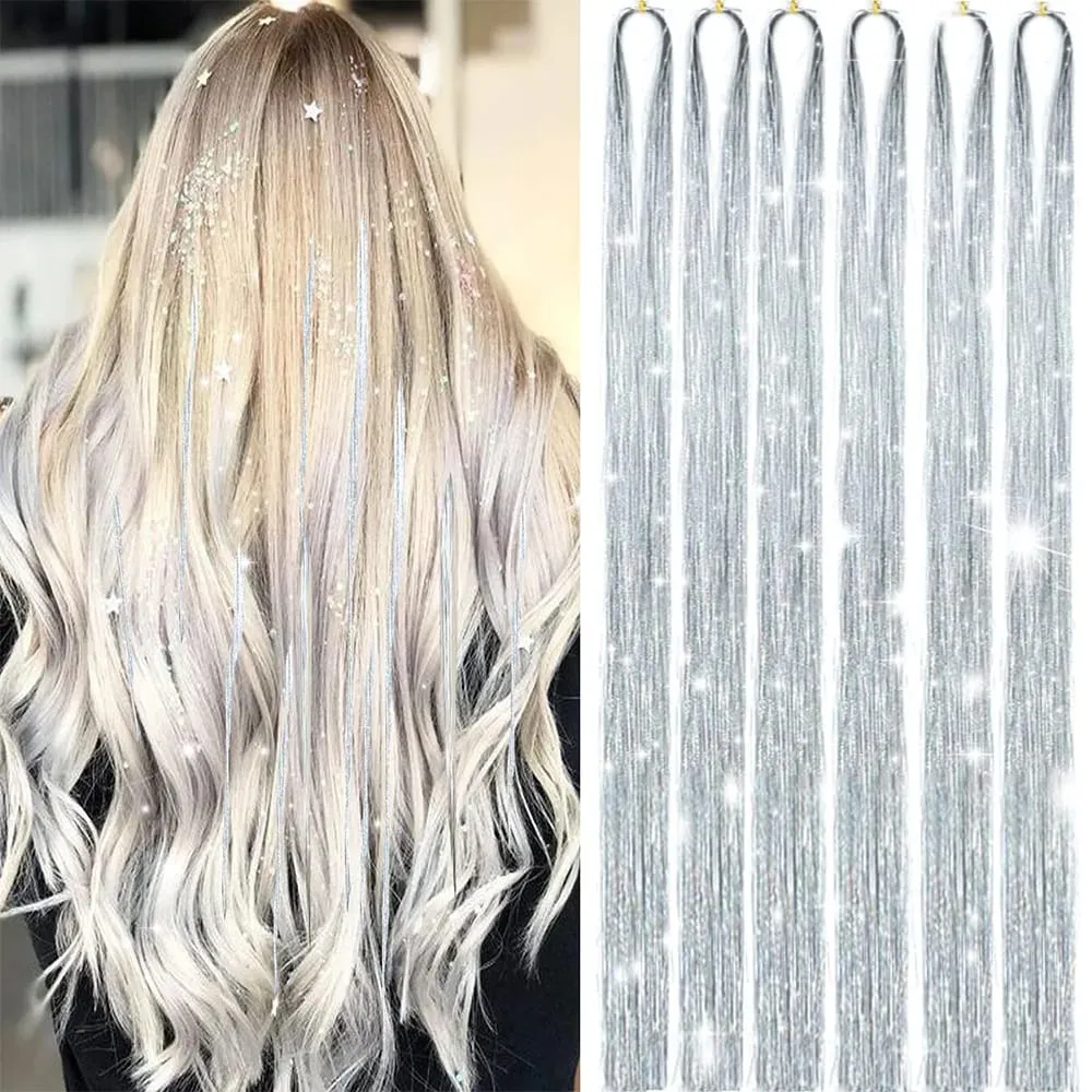 Hair Tinsel Kit 6 Pcs 2000 Strands Silver Tinsel Hair Extensions Fairy Hair Tinsel Heat Resistant Sparkly Shiny Synthetic Hair — image 7