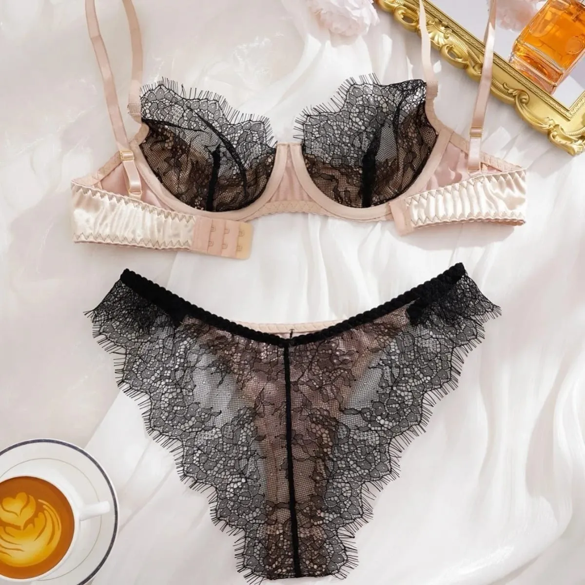 Tecido de cetim cílios rendas retalhos ultra fino sem forro conjuntos de sutiã roupa interior com underwire lingerie sexy sutiã feminino — image 3