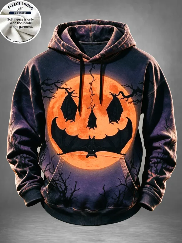 English: Halloween Haunted House Ghost Pumpkin Bat Print Hoodie Men Fleece Lined POD Sweatshirt Casual Long Sleeve Pullover — image 7